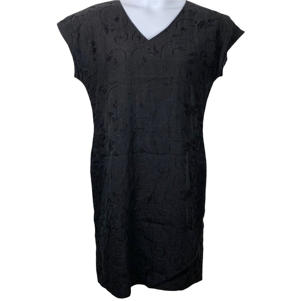 Vintage Linen Dress Size 10 Black Embroidered Vines V Neck Short Sleeve Tess